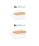 Set 10 caserole etanșe din sticlă, capac bambus, S + M